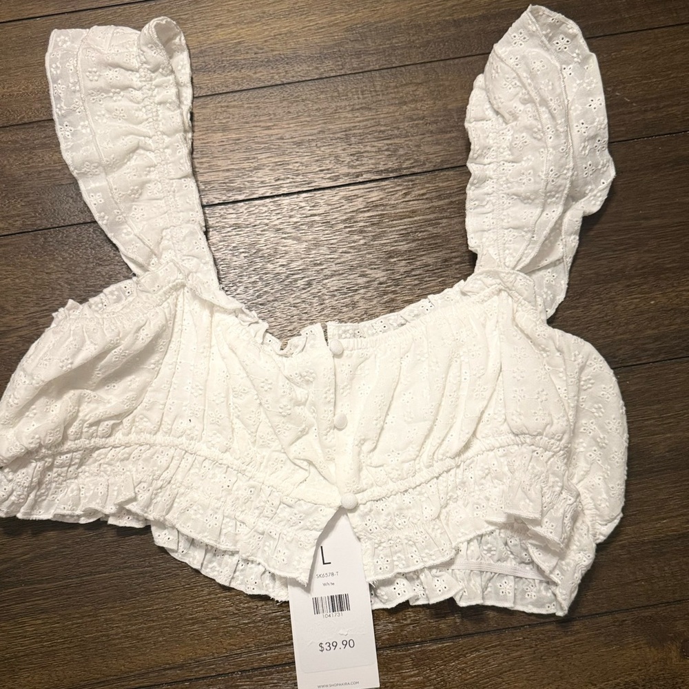 AKIRA White Eyelet Lace 2 Piece Set Ruffle Crop Top Smocked Mini Skirt Sz L NWT - Picture 4 of 5